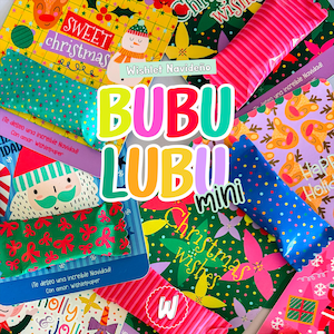 Puede incluir: Una colección de mini barras de chocolate Bubu Lubu en envoltorios coloridos con temas navideños, incluyendo renos, muñecos de nieve y Santa Claus, junto a tarjetas festivas con textos como Sweet Christmas y Christmas wishes.