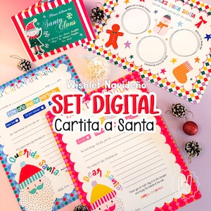 Puede incluir: Un set de papelería navideña imprimible que incluye una carta a Santa, un tapete para snacks para Santa y un sobre. Los diseños presentan bordes a cuadros coloridos, ilustraciones de Santa, hombres de jengibre y muñecos de nieve con texto en inglés y español.
