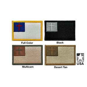 May include: Four rectangular embroidered patches featuring a Christian flag design. The top left is full colour with a blue canton and red cross. The top right is black, bottom left is multicam, and bottom right is desert tan with matching cross.