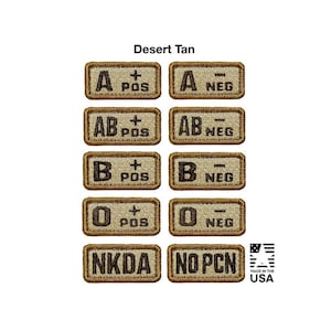 Desert Tan - Blood Type 1X2 hook back embroidered patches, Morale Patch - Made in the USA