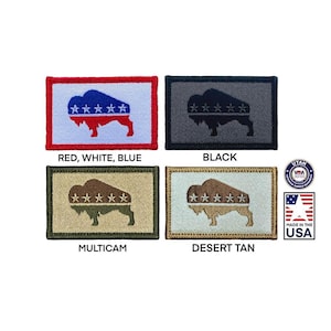 May include: Four rectangular embroidered patches featuring a bison silhouette with five stars across the top. The patches come in red, white, and blue; black; multicam; and desert tan colorways. A small circular logo and a Made in the USA flag icon.