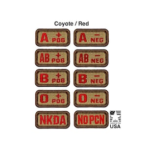 May include: A set of ten rectangular coyote brown embroidered patches with red text. The patches display blood types A, AB, B, and O with positive or negative signs, plus NKDA and NO PCN labels. The text Coyote / Red is at the top.