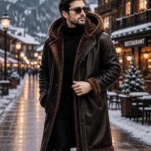 Men's Brown Genuine Leather Shearling Long Coat with Hood Faux Fur Lined Handmade Winter Jacket