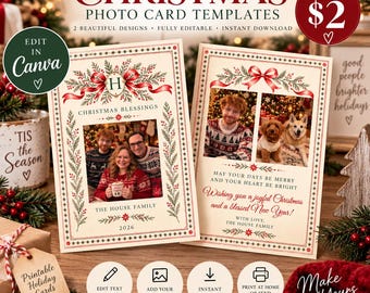 Editable Christmas Photo Card Templates, Canva Holiday Greeting (Digital Download)