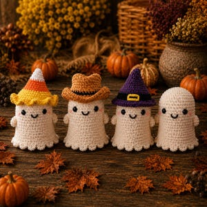 May include: Four small, cream-colored crocheted ghost figures arranged in a row. The first wears a candy corn hat, the second a brown cowboy hat, the third a purple witch hat with a yellow buckle, and the fourth is plain. Each has black eyes.