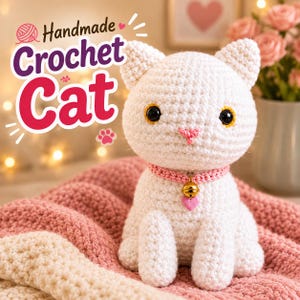 May include: A white handmade crochet cat plush toy with black eyes, a pink stitched nose, and a pink collar featuring a small gold bell and a pink heart charm. The text "Handmade Crochet Cat" is displayed in the upper left corner of the image.