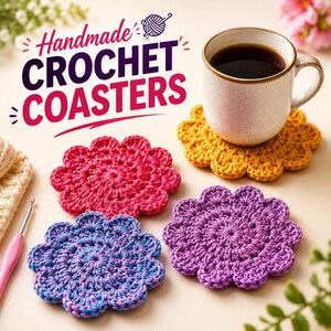 May include: Four round, flower-shaped crochet coasters in yellow, pink, purple, and a blue-purple variegated yarn. A white ceramic mug filled with black coffee sits on the yellow coaster. Text reads: Handmade CROCHET COASTERS.