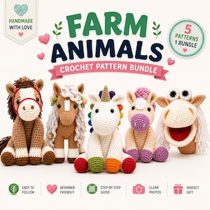 May include: A crochet pattern bundle featuring five farm animals: a brown horse, a tan horse with a floral mane, a white unicorn with a rainbow mane, a tan horse with a purple muzzle, and a white horse puppet with a red mouth and white yarn hair.