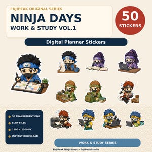Kawaii Ninja Work & Study Stickers Vol.1, GoodNotes, Notability ,etc