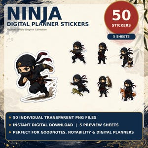 Ninja Digital Planner Stickers, 50 Kawaii Japanese PNGs for GoodNotes and Notability
