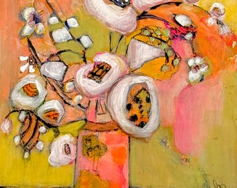 Abstract Flowers An Original Abstract Acrylic Floral Painting on Wooden Canvas by Judie Mulkey THE DAY OF Art Home Decor Gifts