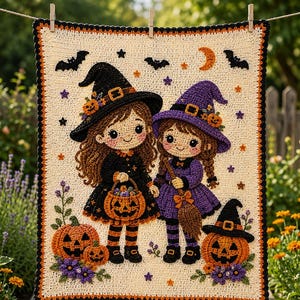 Peut inclure: Une couverture en crochet rectangulaire représentant deux personnages de dessin animé déguisés en sorcières, l'une en noir et l'autre en violet, tenant un seau citrouille et un balai. Le motif inclut des citrouilles, des chauves-souris et des étoiles.
