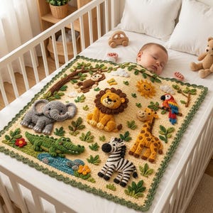 May include: A square crochet baby blanket featuring a cream-coloured base with a green scalloped border. The blanket displays three-dimensional crocheted jungle animals including a lion, elephant, giraffe, zebra, monkey, crocodile, and parrot.