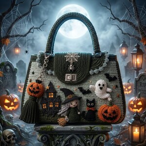 May include: A dark green and light gray crochet handbag featuring a top handle and a metal clasp. The bag is decorated with appliqués of a witch, a ghost, a black cat, pumpkins, a haunted house, and bats, plus a dangling pumpkin charm.