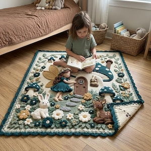 Könnte beinhalten: Eine rechteckige Häkeldecke mit einer Waldszene, die eine Fee, einen weißen Hasen, ein braunes Reh und Pilze zeigt. Das Design umfasst eine kleine braune Tür, einen Steinpfad und florale Akzente in Grün-, Weiß- und Gelbtönen mit einem Bogenrand.