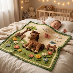 May include: A square crochet baby blanket featuring a three-dimensional brown horse appliqué in the center. The blanket depicts a green grassy field with colorful crocheted flowers, a brown wooden fence, a tree, a butterfly, and white clouds.