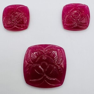 Natural Red Ruby Carved Flower Set, 3 Pcs Carved Ruby Gemstone For Pendant & Earring, Hand Carved Cushion Ruby Floral, Loose Ruby Cabochon