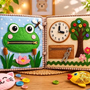 May include: A felt quiet book featuring a light blue page with a green frog, a zipper mouth, and a pink lotus flower. The adjacent beige page displays a clock with movable hands, a tree with colorful buttons, and a zippered pocket holding metal keys.