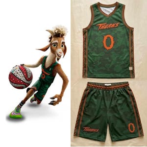 May include: A green camouflage basketball jersey and shorts set featuring the word Thorns and the number 0 in orange. The jersey has a V-neck and the shorts have an elastic waistband. The set is displayed alongside a cartoon goat character.
