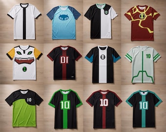 ベン10をイメージした背番号10のスポーツジャージTシャツ - 黒と緑のストライプ柄アスレチックTシャツ