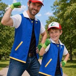 Anime Monster Trainer Cosplay-kostymset för barn och vuxna, röd hatt gröna handskar blå väst, Halloweenfest Comic Con-kostym