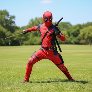 Può includere: Un costume integrale in spandex rosso e nero con maschera abbinata dotata di toppe bianche sugli occhi, una cintura multiuso con fibbia centrale e dettagli neri. L'abito include due spade katana, una delle quali tenuta nella mano destra.