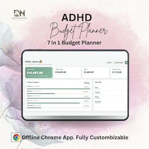 May include: A digital ADHD Budget Planner displayed on a tablet screen, featuring a dashboard with sections for total income, spent, upcoming bills, and category progress bars. The interface includes text labels like Hello, Jason, Print, and Dark Mode.