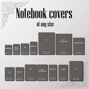 May include: A chart displaying various notebook cover sizes including Passport, Field Notes, A6, Personal, A4, US Letter Size, Sketchbook, B6, B6 Slim, A5, Half Letter Size, Regular, Cahier, and B5, with dimensions listed in inches and centimeters.