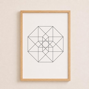 May include: A framed wall art piece featuring a black geometric line drawing on a white background. The design consists of a complex, symmetrical pattern of intersecting squares and triangles enclosed within a light-colored wooden frame.