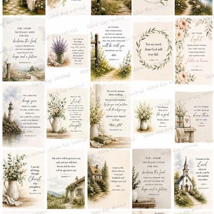 May include: A collection of twenty-five rectangular wall art prints featuring watercolour-style landscapes, floral arrangements, and religious scripture verses in various serif and script fonts, presented in a grid layout with a light colour palette.