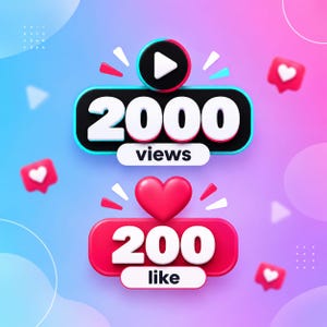 Puede incluir: Un gráfico 3D que presenta una insignia rectangular negra de bordes redondeados con el texto blanco 2000 views y un icono de reproducción, sobre una insignia rosa con el texto blanco 200 like y un icono de corazón rojo, sobre fondo degradado.