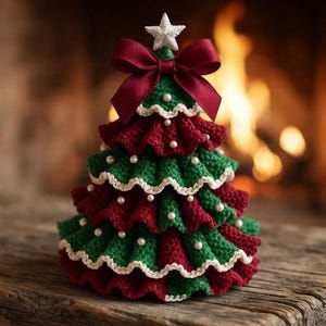 May include: A crocheted Christmas tree decoration featuring alternating ruffled tiers of dark green and deep red yarn. The edges are trimmed with cream-colored stitching, accented with small white beads, and topped with a large maroon bow and a star.