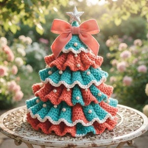 Puede incluir: Una decoración de árbol de Navidad de ganchillo con niveles de volantes alternos en hilo color coral y verde azulado. El árbol está adornado con pequeñas cuentas blancas tipo perla, rematado con un gran lazo de tela coral y una estrella blanca.