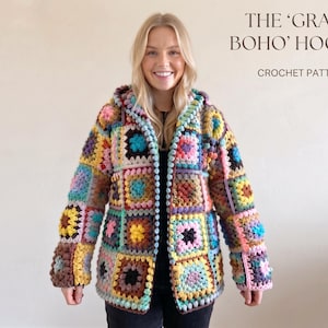 May include: A multi-colored crochet hoodie made of various granny squares in shades of yellow, blue, pink, brown, and green. The text THE GRANNY BOHO HOODIE CROCHET PATTERN PDF is visible in the upper right corner of the image.