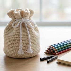 May include: A cream-coloured crochet drawstring pouch featuring a tight stitch pattern and a white rope closure with two small tassels at the ends. The pouch has a rounded base and a gathered top, providing a secure storage space for small items.