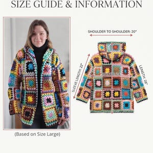 May include: A multi-colored crochet granny square hooded cardigan with long sleeves. The size guide displays measurements for a size large: shoulder to shoulder 20 inches, sleeve length 22 inches, width 24 inches, and total length 28 inches.