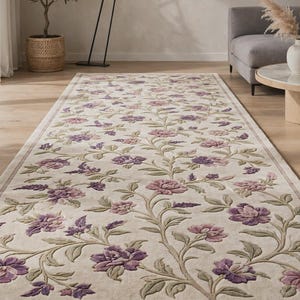 Handmade Wool Floral Area Rug, Cream Purple Botanical Pattern, Rectangular Tufted Carpet