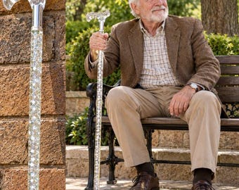 May include: A walking stick featuring a clear, transparent acrylic handle in a curved shape, connected by a silver-toned metal collar to a long, cylindrical shaft filled with numerous small, reflective, multi-faceted clear crystals.