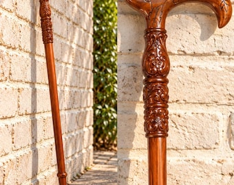 Hand Carved Wooden Walking Stick with Traditional Derby Handle, Polished Wood Cane