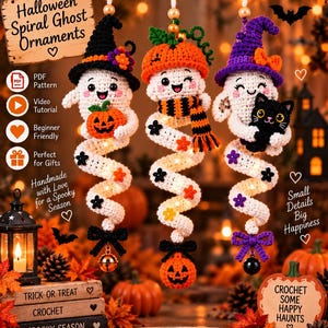 May include: Three crocheted spiral ghost ornaments hanging from a branch. The left ghost wears a black witch hat and holds a pumpkin. The center ghost wears a pumpkin hat and striped scarf. The right ghost wears a purple hat and holds a black cat.