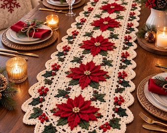 May include: A cream-colored crocheted table runner featuring a repeating pattern of red poinsettia flowers with gold centers, dark green holly leaves, and clusters of red berries, finished with a scalloped edge along the entire length.