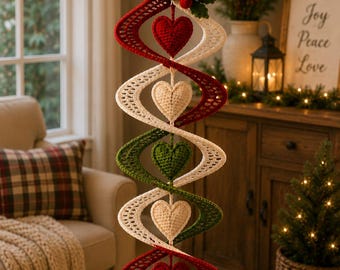 Puede incluir: Una decoración colgante en espiral con cintas de ganchillo que alternan colores rojo, blanco y verde. La espiral está adornada con seis corazones de ganchillo rellenos a juego y rematada con una hoja de acebo y bayas rojas tejidas.