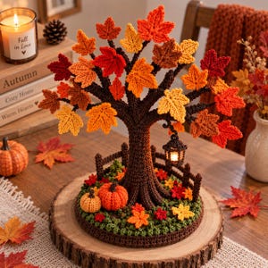 Könnte beinhalten: Eine gehäkelte Herbstbaumskulptur mit einem dunkelbraunen Stamm und Ästen, die mit roten, orangefarbenen und gelben Ahornblättern verziert sind. Die Basis umfasst grünes gehäkeltes Gras, zwei kleine orangefarbene Kürbisse, einen Zaun und eine Laterne.