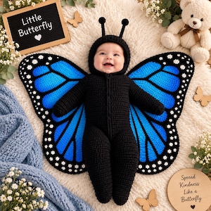 May include: A black crocheted baby onesie with an attached hood featuring two antennae and large, vibrant blue butterfly wings with black veins and white floral accents. The onesie has a front zipper closure and covers the arms and legs completely.