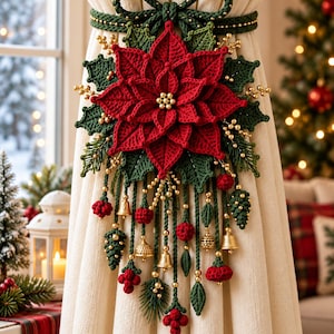 May include: A crochet curtain tieback featuring a large red poinsettia flower with green leaves, gold beads, and dangling strands adorned with small red berries, green pinecones, and gold bells, all secured by a dark green braided cord bow.