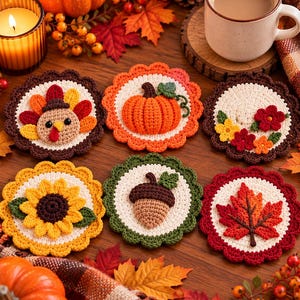 May include: A set of six round crochet coasters featuring autumn-themed designs including a turkey, a pumpkin, colorful flowers, a sunflower, an acorn, and a maple leaf. Each coaster has a scalloped edge and is crafted with textured yarn.