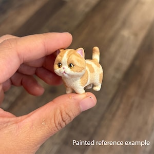 May include: A miniature figurine of a small cat with orange and white fur patches, large amber eyes, a pink nose, and a short tail. The cat is depicted in a standing position with a rounded head and a textured surface finish.
