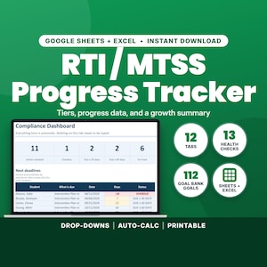 Suivi des interventions RTI et MTSS | Google Sheets + Excel | Données d'intervention de niveau 2 et 3, graphiques et rapports automatiques