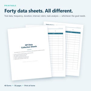May include: A set of printable IEP data collection sheets featuring forty distinct forms. The documents include grids for trial, frequency, duration, and interval recording, with text headers such as Trial-by-Trial Data and IEP Data Collection Sheets.