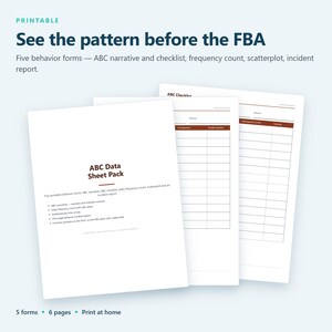 May include: A printable ABC Data Sheet Pack featuring five behavior forms including an ABC narrative, checklist, frequency count, scatterplot, and incident report. The documents are white with dark brown text and grid lines for data collection.